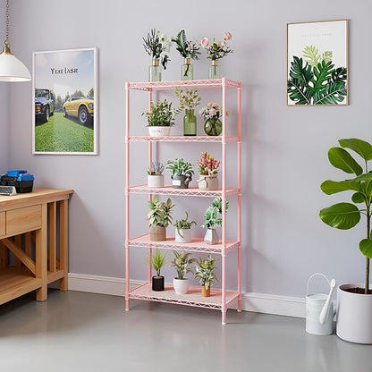 5 Tier Storage Racks Shelving, Heavy Steel Pantry Shelves, Adjustable Wire Shelving Rack, Suitable for Garage, Kitchen, Bathroom, Office, 29" W x 13.4" D x 59" H, Pink