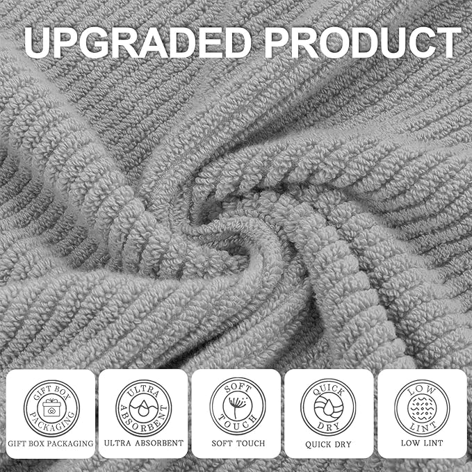 VOOVA & MOVAS Gray Towels for Bathroom - 100% Cotton | Quick Dry | Soft | Thick, 3 Piece Towel Set, 1 Large Bath 30" x 56", 1 Hand 18" x 28", 1 Wash Cloth 13" x 13", Bathroom Essentials, Grey