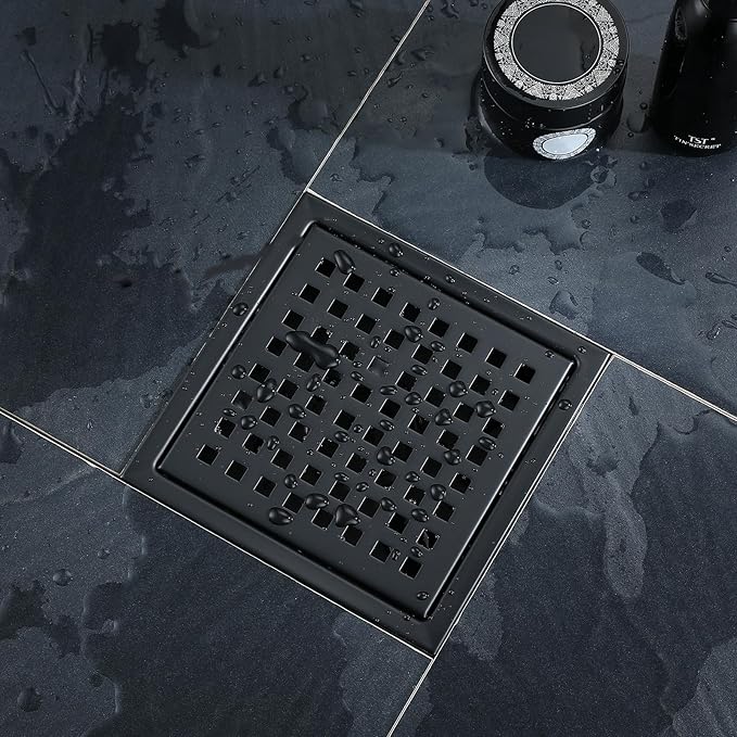 4 Inch Square Shower Floor Drain, Stainless Steel Black Shower Drain Kit with Flange, Floor Drain with Removable Grid Cover,Matte Black
