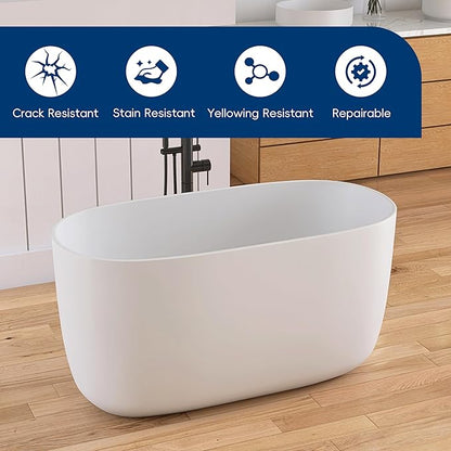 47" Stone Resin Freestanding Bathtub, Oval Solid Surface Bathroom Freestanding Tub, Thin Edge Stand Alone Tub with Integrated Slotted Overflow and Pop-up Drain, Matte White AMG025-1200