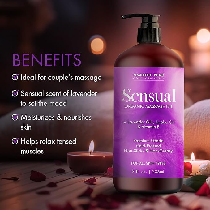 MAJESTIC PURE Organic Sensual Massage Oil for Massage Therapy - Refreshing, and Relaxing - Natural Oils for Date Night with Vitamin E - for All Skin Types - Men and Women - 8 fl oz
