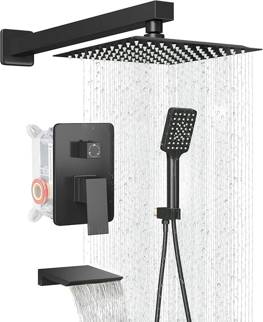 Shower Faucet Set Complete Matte Black Shower System with 10 inch Square Rainfall Shower Head 3-Function Handheld Shower Waterfall Bathtub Spout Rain Shower Combo Set Bathroom Wall Mounted