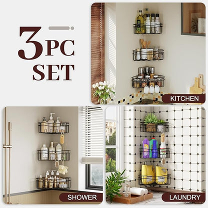 Black corner shower caddy with depth caddy and Built in 12 hooks rustproof wall mounted No drilling No marring adhesive bathtub corner storage for bathroom kitchen and laudry room