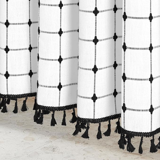 MitoVilla Ivory Black Boho Extra Long Shower Curtain 72 x 84, Modern Farmhouse 84 inch XL Polyester Linen Texture Tassel Fabric Shower Curtain Set with Hooks for Cottagecore Country Bathroom Decor