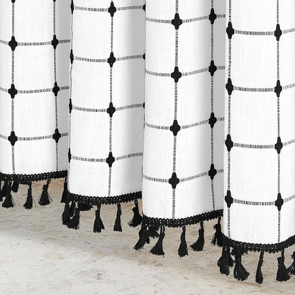 MitoVilla Ivory Black Boho Extra Long Shower Curtain 72 x 84, Modern Farmhouse 84 inch XL Polyester Linen Texture Tassel Fabric Shower Curtain Set with Hooks for Cottagecore Country Bathroom Decor