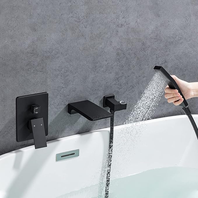 Roman Tub Filler Faucet with Waterfall Spout Wall Mounted Single Handle Bathtub Shower Faucet with Hand Shower Wall Mount Waterfall Tub Faucets Sets, Matte Black