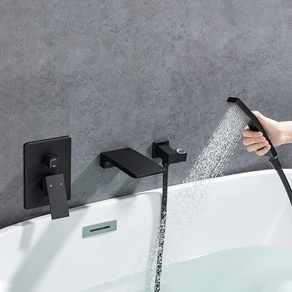Roman Tub Filler Faucet with Waterfall Spout Wall Mounted Single Handle Bathtub Shower Faucet with Hand Shower Wall Mount Waterfall Tub Faucets Sets, Matte Black