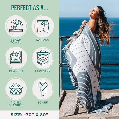 Sand Cloud Turkish Beach Towel - Sand Free - 100% Organic Turkish Cotton Yarn - Quick Dry Towel for Beach, Picnic, Blanket or Bath - As Seen on Shark Tank - Marine Life (Typus Whale Shark)