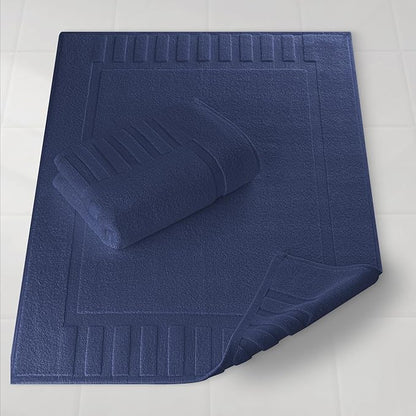 White Classic Luxury Bath Mat Floor Towel Set - Absorbent Cotton Hotel Spa Shower/Bathtub Mats [Not a Bathroom Rug] 22"x34" | 2 Pack | Navy Blue