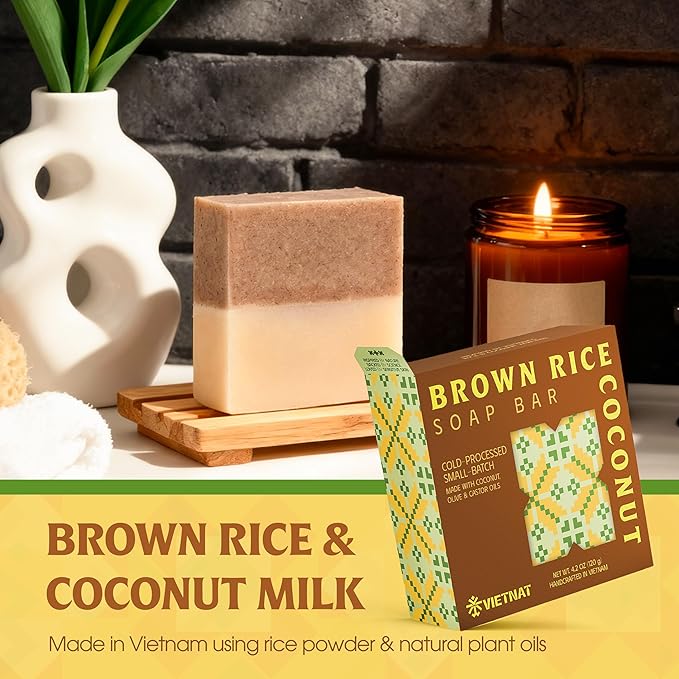 Brown Rice & Coconut Milk Soap Bar (Pack of 5) – 2-in-1 Exfoliating & Moisturizing Handmade Soap, Cold Process Bar with Brown Rice & Coconut Oil, Made in Vietnam