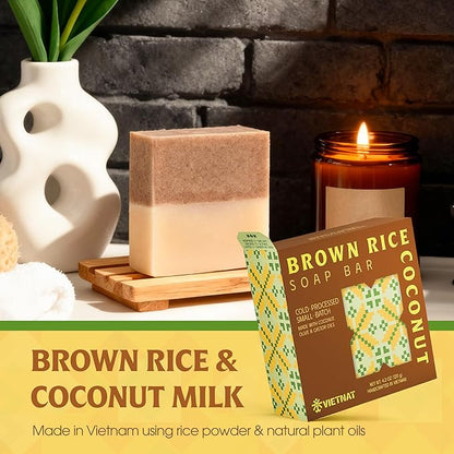 Brown Rice & Coconut Milk Soap Bar (Pack of 5) – 2-in-1 Exfoliating & Moisturizing Handmade Soap, Cold Process Bar with Brown Rice & Coconut Oil, Made in Vietnam