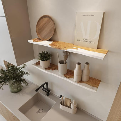 RWA Live Edge Floating Shelf – Unique Wood Floating Shelf for Wall Decor, Living Room, Bedroom, or Bathroom – Stylish Decorative Wall Shelves for Home & Office (White, 12x6)