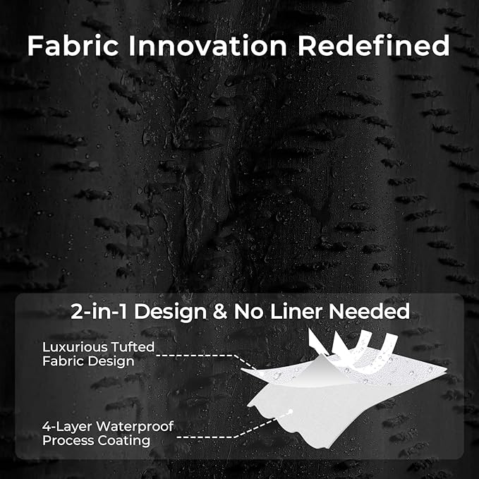 Extra Long Black Boho Shower Curtain 96 Inch Black Tufted Chevron Striped Fabric Shower Curtains for Bathroom Modern Shabby Chic Waterproof Cloth Shower Curtain Set with Hooks