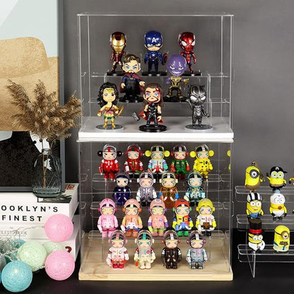 Choowin 4 Tier Clear Acrylic Display Case for Collectibles, Mini Figures, Pop Mart, Labubu, Sonny Angel, Smiski - Assemble Dustproof Acrylic Display Box with Door, Stand (Black Base, Clear Step)
