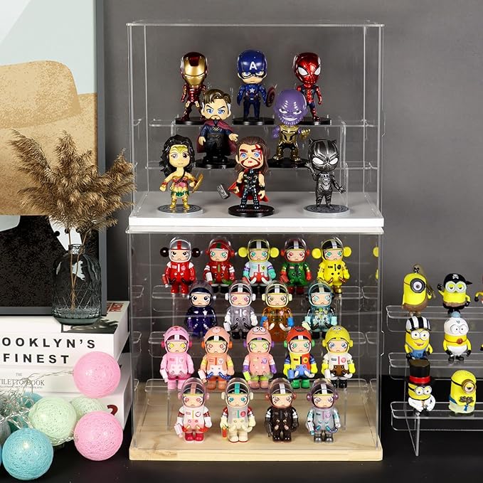 Choowin 4 Tier Clear Acrylic Display Case for Collectibles, Mini Figures, Pop Mart, Labubu, Sonny Angel, Smiski - Assemble Dustproof Acrylic Display Box with Door, Stand (Wood Base, Clear Step)