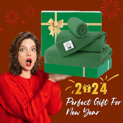 VOOVA & MOVAS 3 Piece Towel Set - 100% Cotton | Quick Dry | Light Weight | Thick | Soft, 1 Large Bath 30"x56", 1 Hand 18"x28",1 Wash Cloth 13" x 13", Luxury Towel Gift Set, Hunter Green