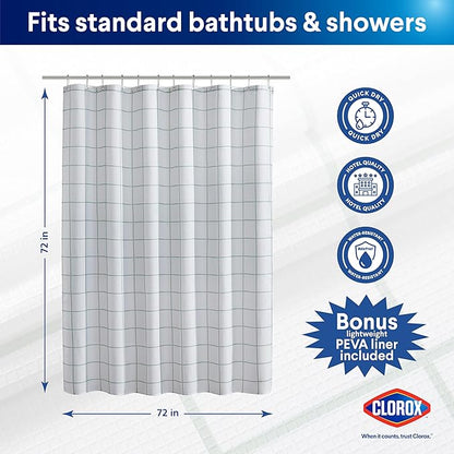 CLOROX Bathroom Waffle Windowpane Pattern Shower Curtain with Waterproof Lightweight PEVA Liner Set, Standard Size, Metal Grommets, No Hooks 72" x 72" - 2 Pc Set - Sage Green w Frosty PEVA