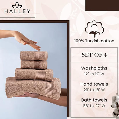 HALLEY Turkish Cotton Towels (Set of 4) 1 Bath Towel 1 Hand Towel 2 Washcloths, Super Soft Highly Absorbent 100% Cotton Towels for Bathroom and Kitchen for Mother’s Day (Taupe)