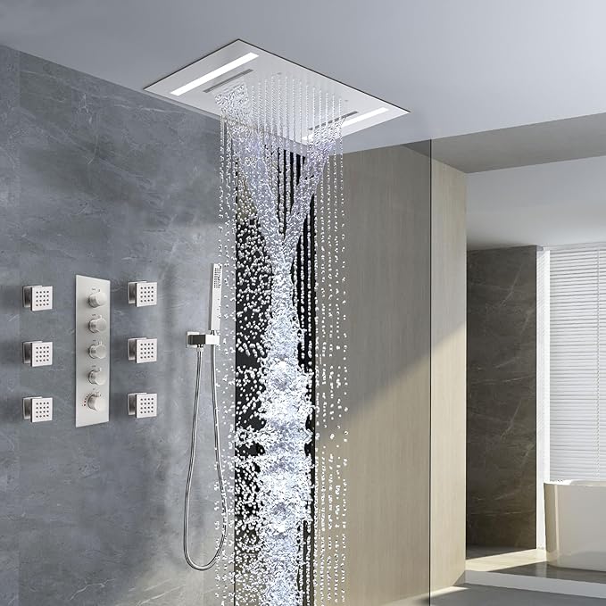 Multi Full Body Thermostatic Luxury Spa Shower System And 14x20 Inch LED 4 Functions Faucet Set, Rainfall Spray Waterfall Can Be Turned On Simultaneously,Brushed Nickel