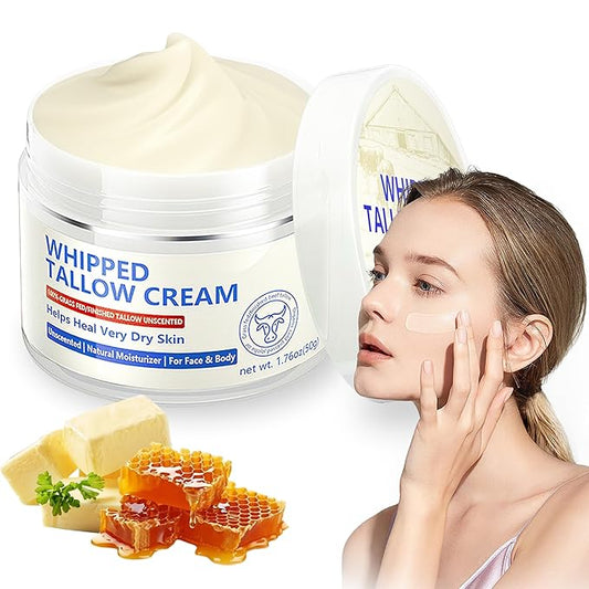 Beef Tallow for Skin, Natural Beef Tallow for Face, 100% Organic Grass Fed Finished Whipped Tallow and Honey Balm, Tallow Cream for Skin Care, Tallow Face Moisturizer Body Lotion
