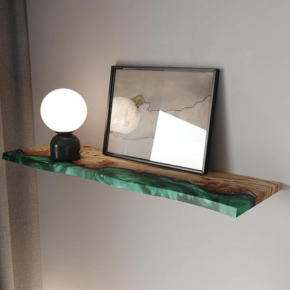 RWA Live Edge Floating Shelf – Unique Wood Floating Shelf for Wall Decor, Living Room, Bedroom, or Bathroom – Stylish Decorative Wall Shelves for Home & Office (Live Edge, Emerald - 16x6)