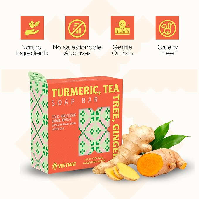 Turmeric, Tea Tree & Ginger Soap Bar (Pack of 5) – Cold Process Handmade Bar, 2-in-1 Cleansing & Invigorating Body Soap with Vietnamese Botanicals
