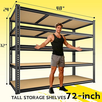 48" W Garage Shelving Heavy Duty 3200LBS Garage Storage Shelving, 5 Tier Adjustable Metal Shelving Unit Utility Rack Shelf for Warehouse, Pantry, Closet, Kitchen 72" H x 48" W x 24" D, Black