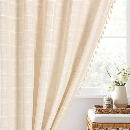 MitoVilla Cream Boho Extra Long Shower Curtain 72 x 84, Modern Farmhouse 84 inch XL Polyester Linen Texture Tassel Fabric Shower Curtain Set with Hooks for Cottagecore Country Bathroom Decor, Beige