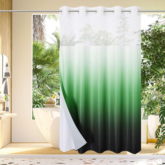Gibelle No Hook Waffle Weave Shower Curtain with Snap-in Fabric Liner Set for Bathroom, Hotel Style with Mesh Top Window, Waterproof & Washable, Ombre Emerald Green, 72x74