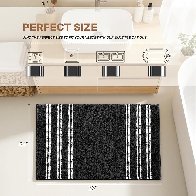 Kmson Bathroom Rugs Mat, 36"x24" Ultra Soft Washable Shaggy Chenille Bath Rugs, Non-Slip Fluffy Thick Water Absorbent Microfiber Mat for Bathtub, Sink and Shower, Black