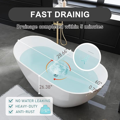 60" Acrylic Freestanding Bathtubs, High-back Stand Alone Tub, Soaking Tubs for Bathroom, Integrated Overflow and Drain, cUPC Certified, Gloss White