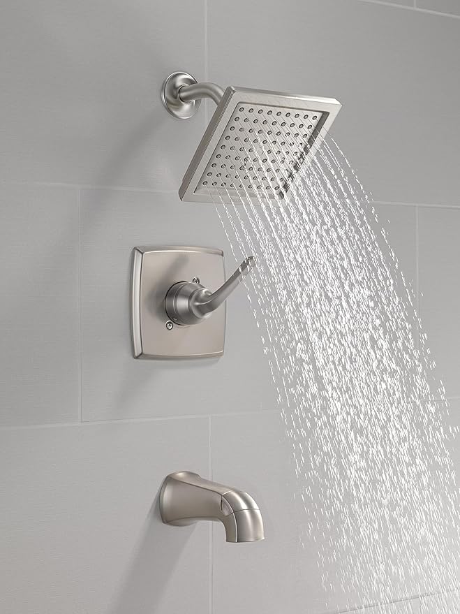 Delta Geist 14 Series Square Bathtub and Shower Faucet Set, Brushed Nickel Shower Head and Handle Set, Valve Trim Kit, SpotShield Brushed Nickel 144864-SP (Valve Included)
