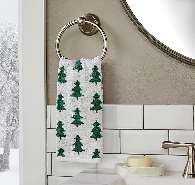 SKL Home Christmas/Winter Holiday Trees 100% Cotton Premium 2-Piece Hand Towel Set, 500 GSM, Reversible Jacquard, Soft & Absorbent, Decorative for Bath/Kitchen/Bar & Gift, Green/White