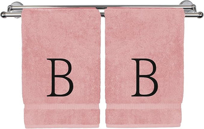 Monogrammed Hand Towel, Personalized Initial Gift, Extra Absorbent 100% Turkish Cotton - Soft Terry Finish - Set of 2 - Black Block Initial B - Embroidered on Pink Towels