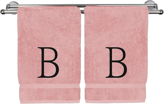 Monogrammed Hand Towel, Personalized Initial Gift, Extra Absorbent 100% Turkish Cotton - Soft Terry Finish - Set of 2 - Black Block Initial B - Embroidered on Pink Towels