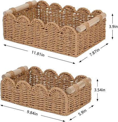 CubesLand Paper Rope Scalloped Edge Decor Baskets for Home, Living Room, Bedroom, Toilet Basket for Over Toilet Storage Shelf, End Table, Shelves and More, Both Storage&Decor, Set 2 Neutral