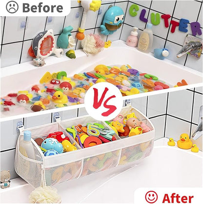 Original 3 Compartment Horizontal Large Openings Bath Toy Organizer for Tub, Capacity Upgrade Bath Toy Storage and Holder, Bathtub Toy Holder for Easy Access and Sorting of Toys.