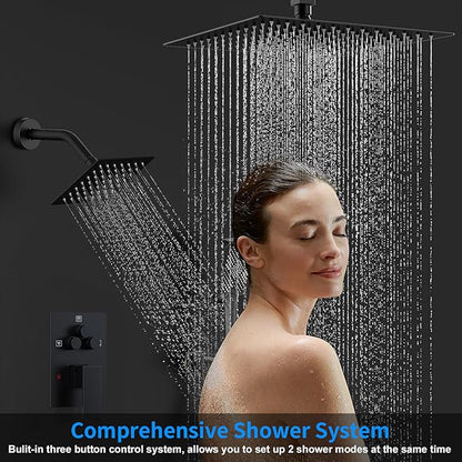 Shower Faucet Set, 12" Ceiling Mount Rainfall Shower System with 2 Rain Shower Head and Multi-function Handheld Head Push Button Diverter Shower Faucet Trim Kit (12", Matte Black)