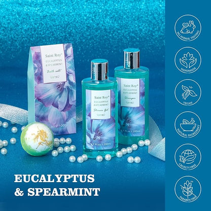 Bath and Body Basket Set Luxury EUCALYPTUS & Mint Spa Gift Basket for Women, Unique Bath Gift Baskets Gifts, Home Spa Kit Christmas Gifts for Women, birthday gift baskets for Dad Mother's Day