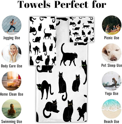Black Cats 3 Piece Towel Bathroom Sets, 1 Bath Towel, 1 Washcloth, 1 Hand Towel, Cotton Fast Dry Soft Absorbent Towel Set for Home Kitchen Family