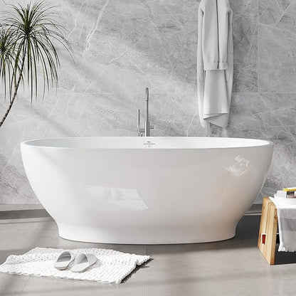 FerdY Koh Samui 65" Freestanding Bathtub, Elegant Oval Shape, Double Walled Insulation Bathtub with Center Brushed Nickel Drain & Minimalist Linear Design Overflow