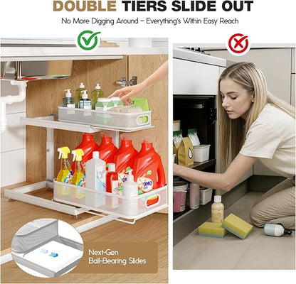 2-Pack Under Sink Storage Organizer with 2-Tier Slide Out Drawer, Sophisticated Mesh Pull Out Shelf for Kitchen & Bathroom, Fits Small Items, Upgraded Arched Track for Smooth Gliding(Patented)
