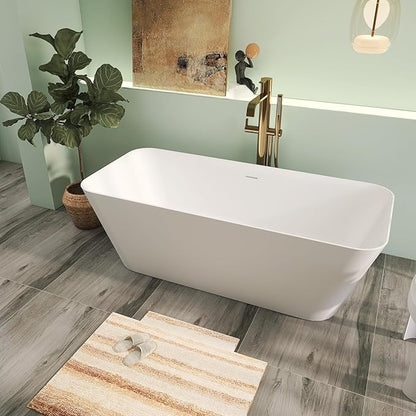 67" Premium Solid Surface Stone Resin Freestanding Bathtub, Matte White Stand Alone Soaking Tubs with Overflow and Pop-up Drain