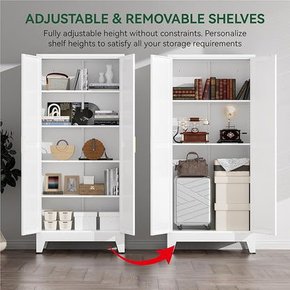 Metal Cabinets with Barn Doors and Adjustable Shelves,71" Tall Storage Cabinet,5-Tier Storage Cupboard for Kitchen,Dining Room,Garage,Bathroom,White