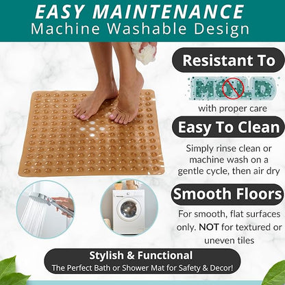 ENKOSI Square Shower Mat – 21 x 21 Inch Non-Slip Bathroom Shower Stall Mat with Suction Cups and Drain Holes – Anti-Slip Bathtub Shower Mats for Inside Shower (21x21 Clear Brown)