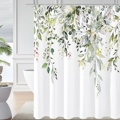 Gibelle Long Shower Curtain 72 x 78, Tall Sage Green Floral Fabric Shower Curtain, Watercolor Plant Eucalyptus Leaves Bathroom Curtains Shower Set
