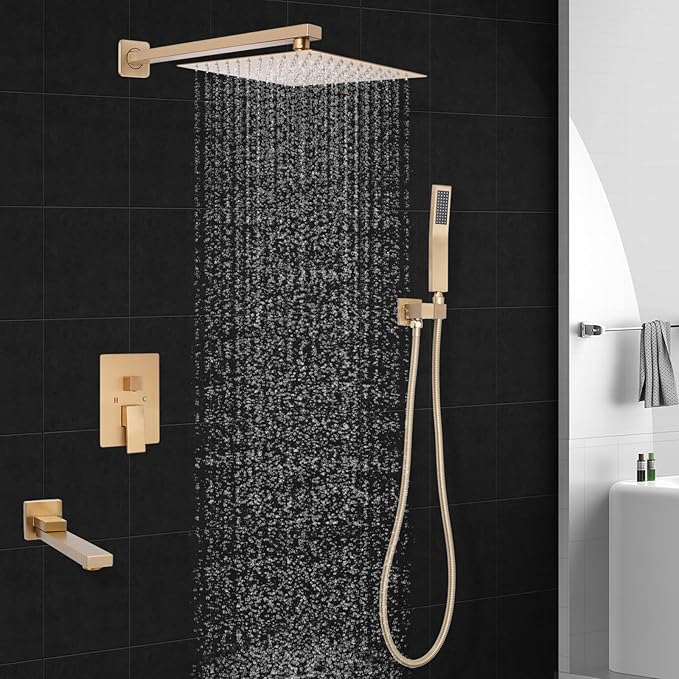 12 inch Square Shower Head and Handheld Set, Gasecoet Shower System with Tub Spout Wall Mounted Shower Faucet for Bathroom - Brushed Gold (With Shower Valve)