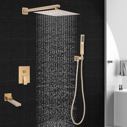 10 inch Square Shower Head and Handheld Set, Gasecoet Shower System with Tub Spout Wall Mounted Shower Faucet for Bathroom - Brushed Gold (With Shower Valve)