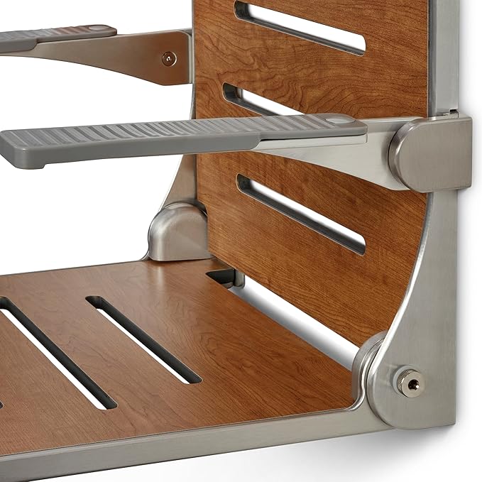 Seachrome Silhouette Comfort Folding Wall Mount Shower Bench Seat with Arms, Rustic Teak Seat with Silver Frame