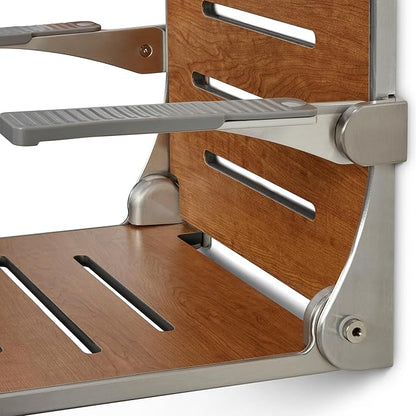 Seachrome Silhouette Comfort Folding Wall Mount Shower Bench Seat with Arms, Rustic Teak Seat with Silver Frame